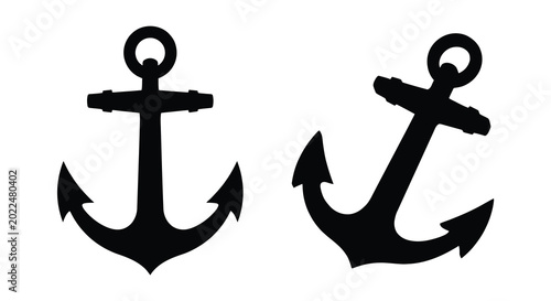 Two black anchors in silhouette nautical design isolated on white background silhouette