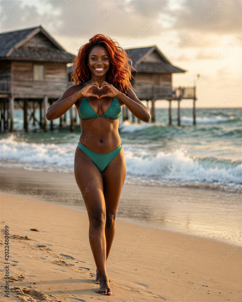 Obraz premium Smiling African woman with wavy hair wearing a green bikini and standing on the beach, making heart hands facing the camera with her bare feet on warm sand.