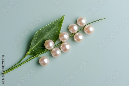 Lustrous pink pearls arranged with green leaves on a soft mint background, evoking elegance and natural luxury for beauty and jewelry concepts.
