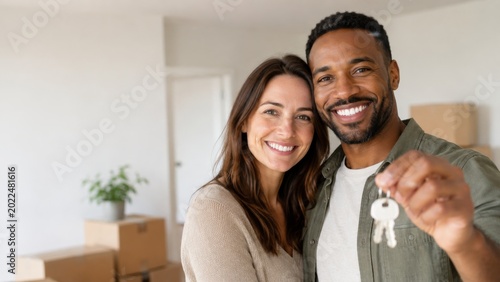 Happy interracial couple showing keys in bright new apartment with copy space