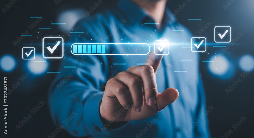 Obraz premium Businessman marking checklist with loading progress bar project management and task completion