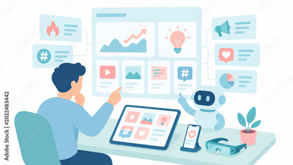 Fototapeta premium Man and ai robot manage social media in a bright blue flat vector futuristic remote workspace.