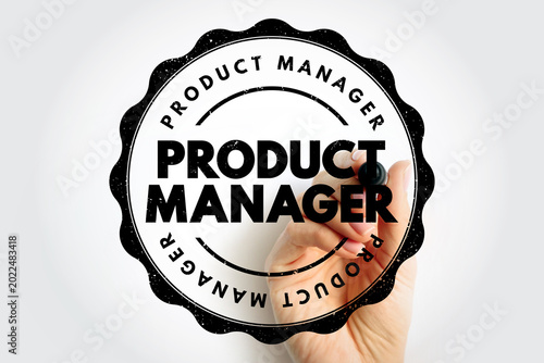 Quadro su tela PRODUCT MANAGER stamp design with strong central wording and circular repeated text, captured as a hand presses the emblem