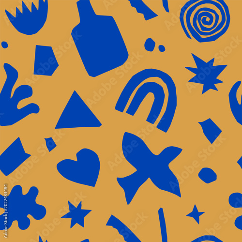 pattern Collage of Abstract Elements from Cut Paper. Inspired by Matisse Geometric and Organic Shapes in a Modern minimal style. For creating Logos; patterns; posters; covers Bird,rainbow.