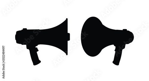 Tableau sur toile Two black megaphone silhouettes facing different directions on a white backgroun