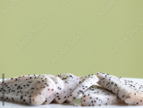 Close up of fresh sliced dragon fruit flesh