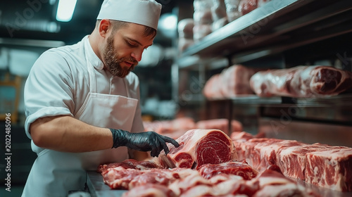 Portrait of a professional male butcher inspecting fresh raw meat slices on a metal table in a butcher shop