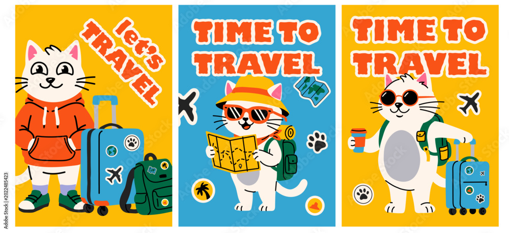 Naklejka premium Cute Tourist Cat with Luggage Posters