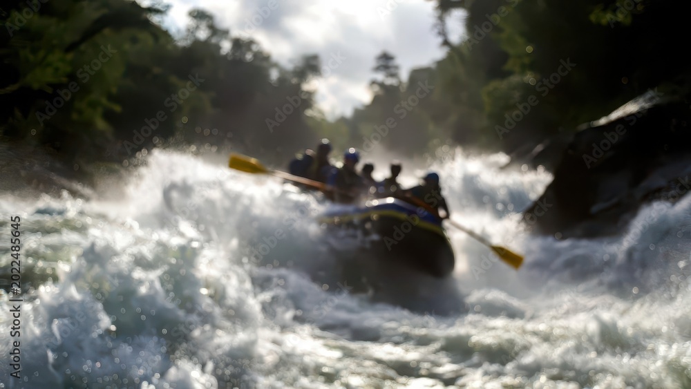 Fototapeta premium Blurred action shot of a whitewater rafting team navigating turbulent rapids in a lush forest
