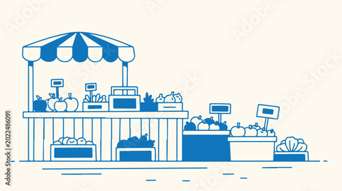 Billede på lærred Minimalist blue line art illustration of fresh fruit stand stall at local farmers market