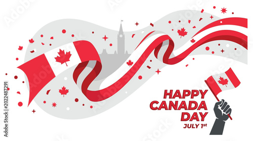 Canada day celebration with flag ribbon and parliament buildings illustration