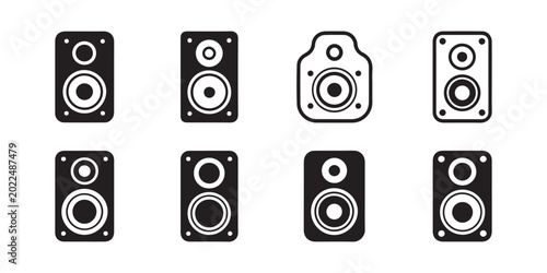 Foto Collection of Eight Audio Speaker and Woofer Icons in Black and White Vector Sty