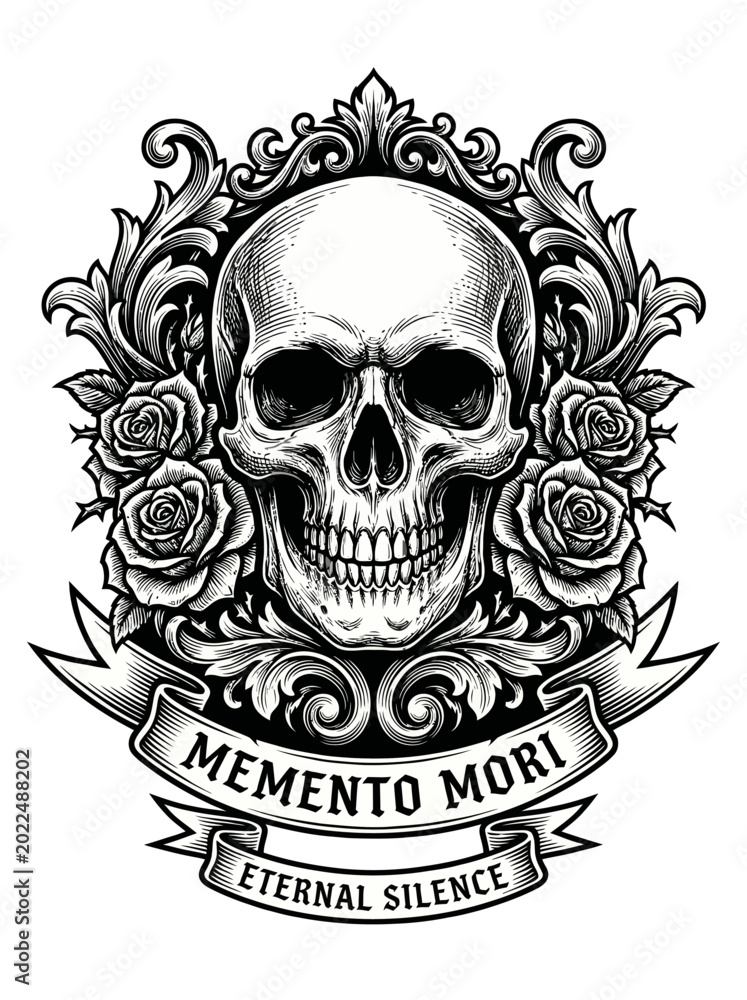 Fototapeta premium Black and white detailed line art illustration of a skull adorned with roses and a ribbon banner reading memento mori and eternal silence.