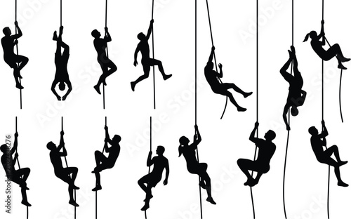 Bild auf Leinwand Collection of rope climbing silhouettes showing diverse human poses, ascending a
