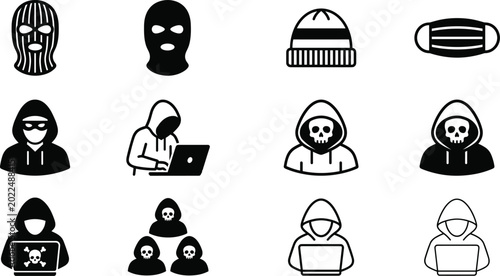 Fotografía Collection of black and white hacker and anonymity icons showing hooded figures,