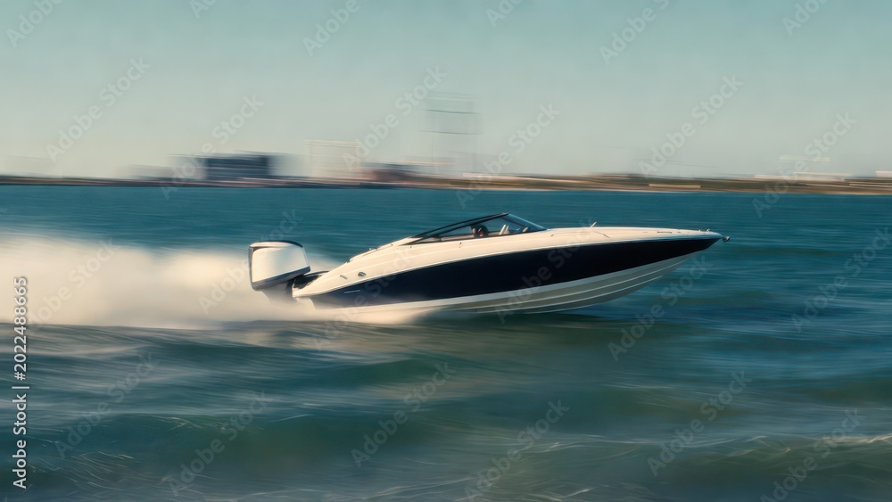 Fototapeta premium Sleek white and navy speedboat cutting through blue ocean waves with city skyline in background