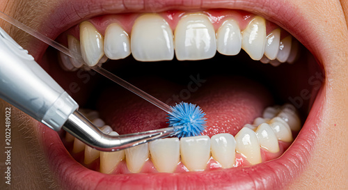 Close-up detail of a person's mouth undergoing a professional dental cleaning procedure, highlighting the use of specialized tools for optimal oral hygiene and achieving healthy, sparkling white teeth