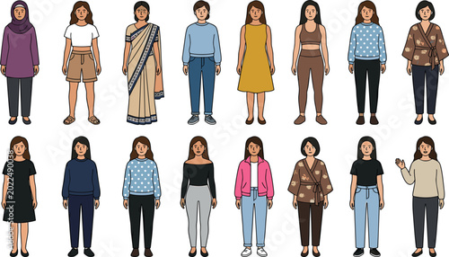 Obraz na płótnie Diverse Women Fashion Character Vector Set Featuring Various Ethnicities Wearing