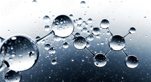Close up of shimmering molecular structure with water droplets in dynamic light.