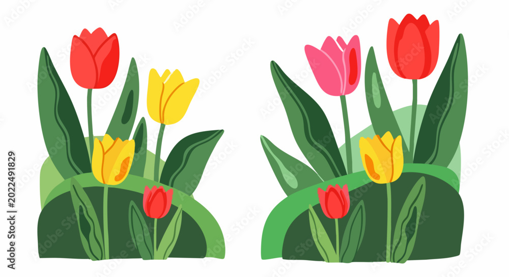 Obraz premium Colorful tulip flower garden patch illustrations.