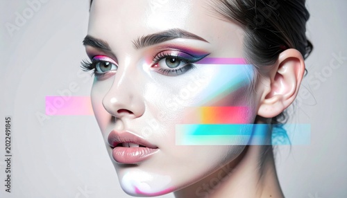 Psychological portrait of a beautiful woman with creative makeup. Art Glitch