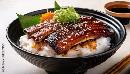 delicious unagi donburi grilled eel over rice with savory sauce and garnish