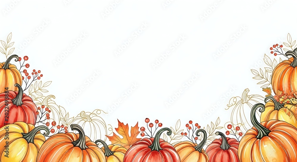 Fototapeta premium Autumn pumpkin border frame with orange gourds, fall leaves and berries on white background for seasonal harvest thanksgiving decorative design projects.