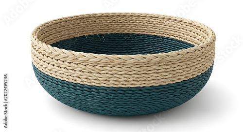 Handwoven seagrass basket with dark blue interior on white background