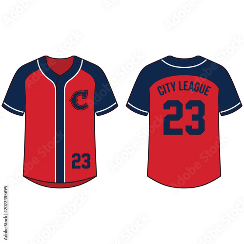 Red and navy blue baseball jersey mockup with front button placket and team