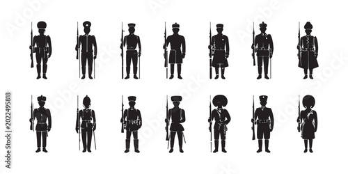Bilde på lerret Collection of Historical Military Soldier Silhouettes in Uniform with Rifles