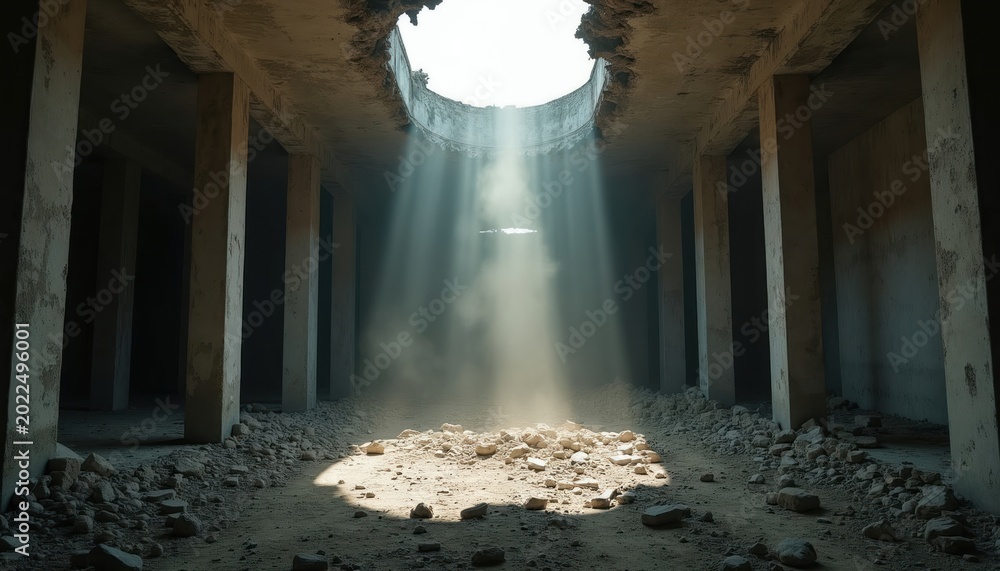 Fototapeta premium Sunlight streams through hole in damaged old building ceiling. Dust floats in air within dark abandoned interior. Broken debris lit by light beam.