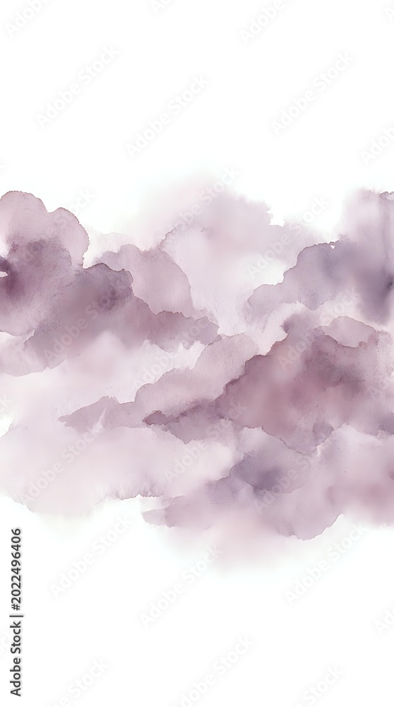 Fototapeta premium Abstract purple watercolor clouds with soft flowing textures on white background for artistic design projects and creative layouts.