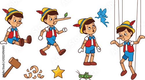 Obraz na plátně Classic Pinocchio Fairytale Vector Set Featuring Wooden Puppet Character with Gr