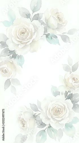 Soft watercolor white roses and sage green leaves arranged in an elegant wreath frame with copy space for wedding or invitation design.