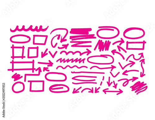 Pink hand-drawn shapes, scribbles, and arrows, vector graphics set