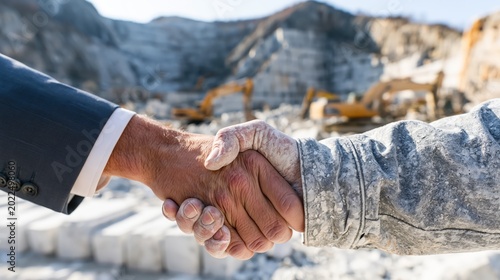A marble quarry deal handshake, with a layered rock face, stone blocks and cutting machinery behind.