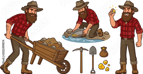 Obraz na płótnie Gold Prospector Character Vector Set Featuring bearded Miner Panning for Gold, P