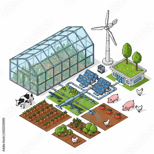 Sustainable agriculture concept with greenhouse solar panels and wind turbine.