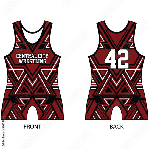 Wrestling singlet mockup template with geometric pattern in red and black