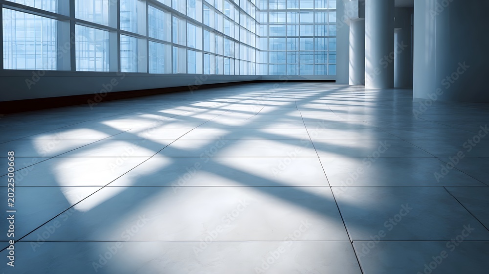 Fototapeta premium Strong geometric shadows cast across a polished indoor floor by natural light streaming through large modern
