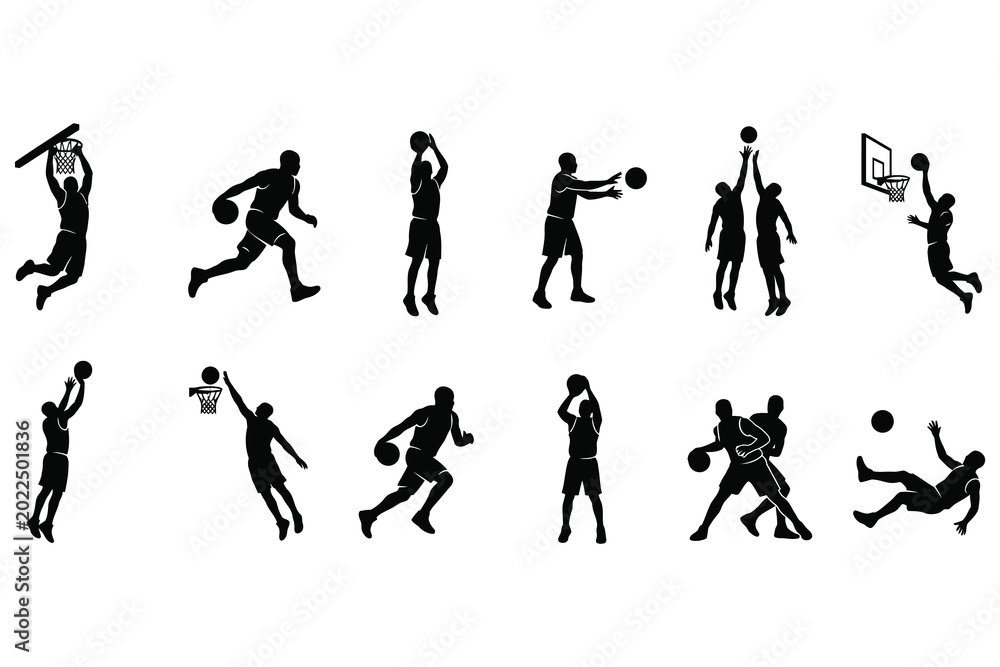 Obraz premium Basketball players in action are depicted through dynamic black silhouettes showing various game moves.