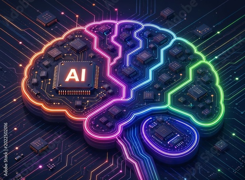 Futuristic Artificial Intelligence Brain Made of Neon Microchips and Digital Circuits Representing Advanced AI Technology