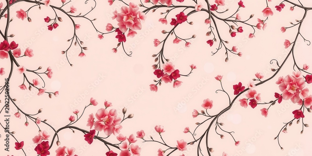 Fototapeta premium Delicate Pink and Red Blossoms on Branching Stems, a Floral Design for Fabric or Wallpaper