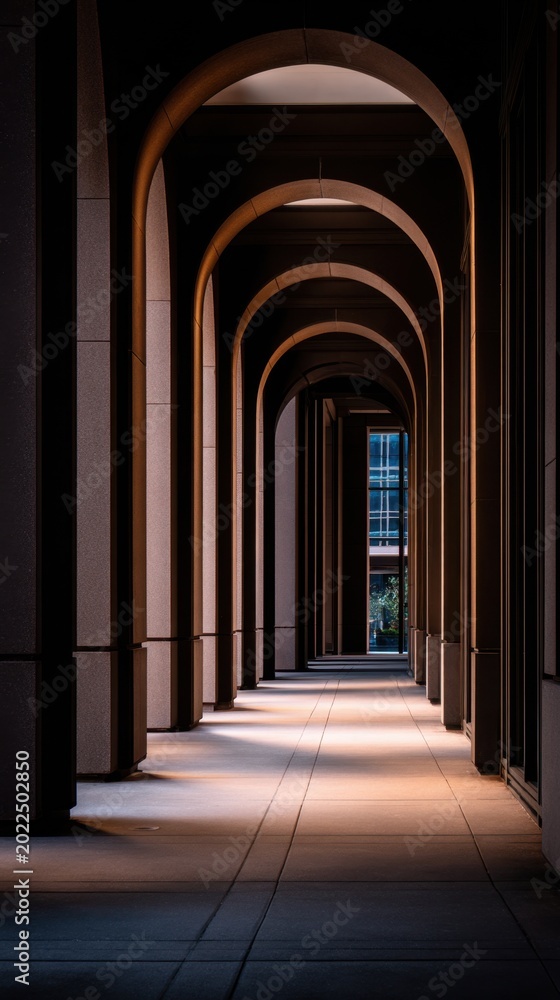 Fototapeta premium Dimly lit corridor with archways casting long shadows, creating a dramatic architectural effect