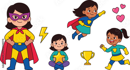 Fotografía Superhero Girl Illustration Set with Capes, Powers, and Action Poses for Kids, E