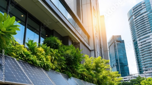 A contemporary building with solar panels surrounded by lush greenery under sunlight