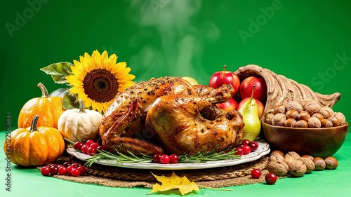Thanksgiving Feast With Roasted Turkey Surrounded By Fresh Produce And Decor On Green Background