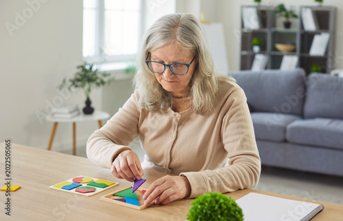 Vászonkép Old senior woman concentrating sitting indoors at table engaging her mind, worki