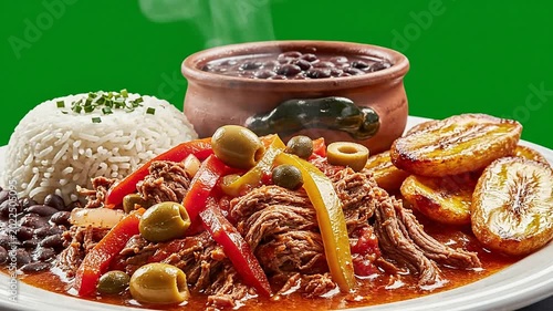 Traditional Latin American Cuisine Dish Featuring Shredded Beef, Rice, Black Beans, and Fried Plantains on Vibrant Green Background