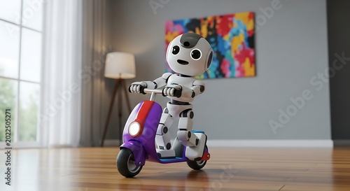 Playful AI Robot Riding Electric Scooter Outdoors
